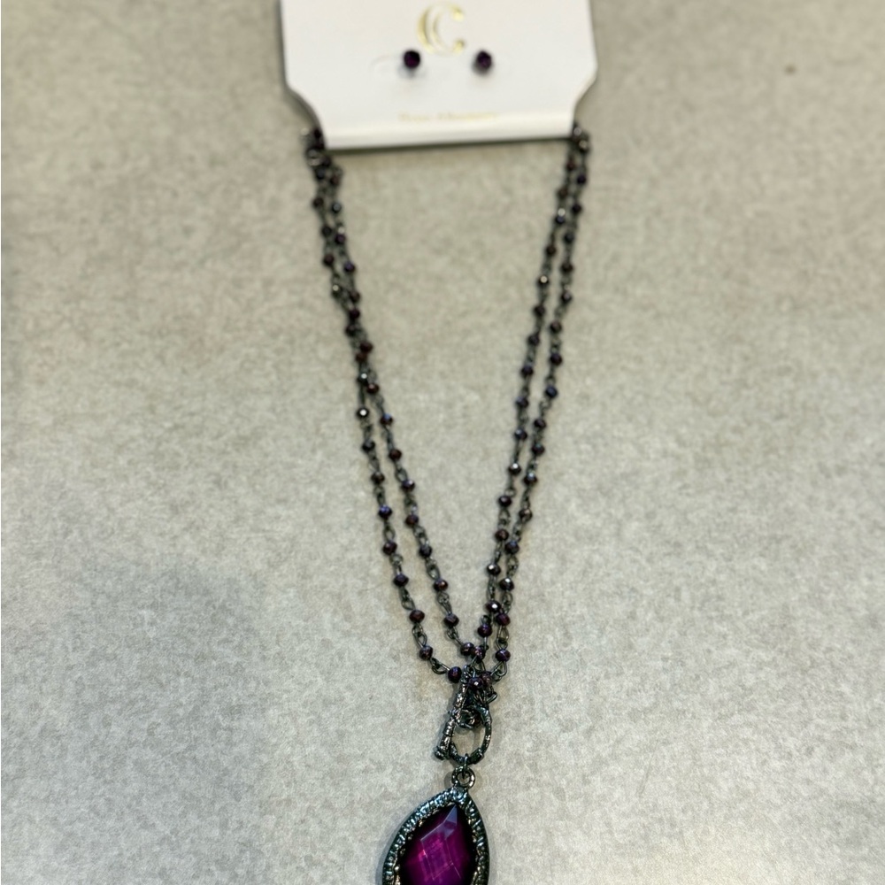 Charming Charlie Purple and Silver Necklace with Teardrop Pendant